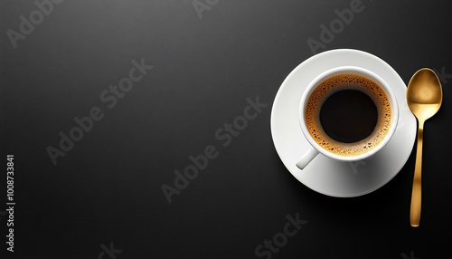 Minimalist Coffee Concept White Cup of Fresh Espresso, Golden Spoon on Black Background, Top View