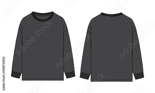 Long sleeve T shirt Technical Fashion flat sketch vector illustration black Color template front and back views. 