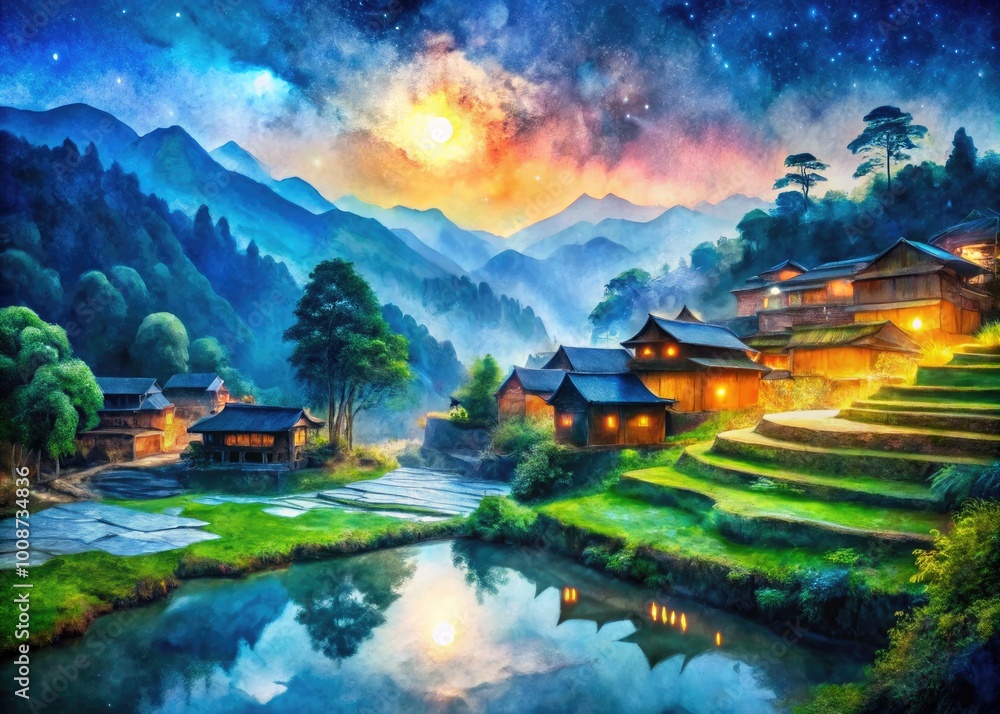 Fototapeta premium Vibrant Asian Watercolor Landscape with Delicate Brush Strokes and Serene Natural Elements