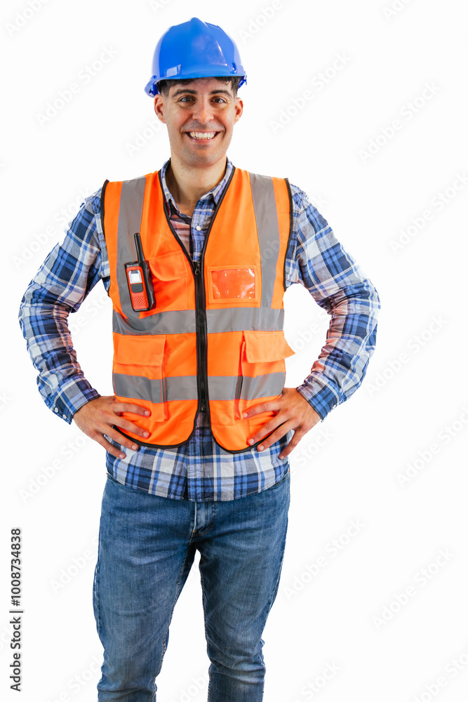 vertical Construction worker with hands on hips wearing orange vest and safety helmet vertical Construction worker with hands on hips wearing orange vest and safety helmet