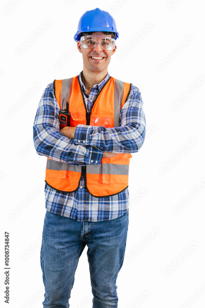 vertical Smiling construction worker with arms crossed wearing orange vest and safety helmet vertical Smiling construction worker with arms crossed wearing orange vest and safety helmet