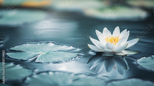 a white lotus flower floating serenely on a calm water surface, peace and tranquillity, 16:9