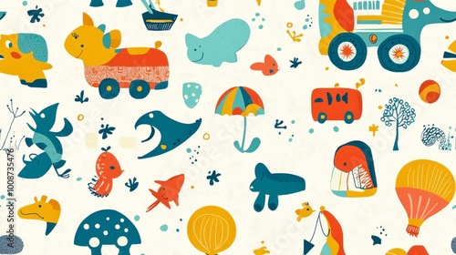 A seamless pattern of cute cartoon toys. Kid friendly background
