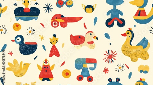 A seamless pattern of cute cartoon toys. Kid friendly background