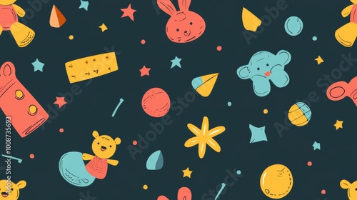 A seamless pattern of cute cartoon toys. Kid friendly background