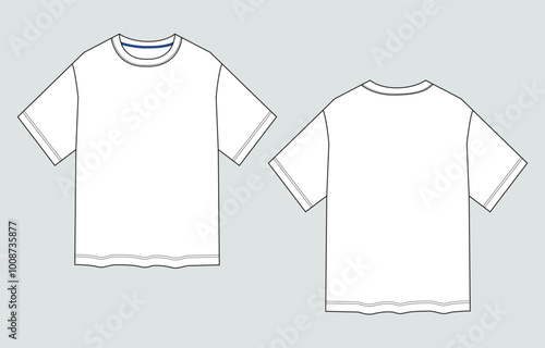 Short sleeve T shirt Technical Fashion flat sketch vector illustration template front and back views.