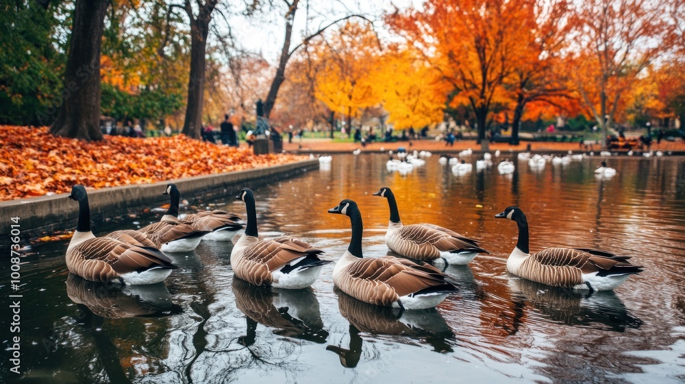 Fototapeta premium A serene pond scene with ducks swimming amidst vibrant autumn foliage.