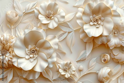 Delicate cream flowers intricately layered on a soft, textured background, showcasing elegance and charm in floral design