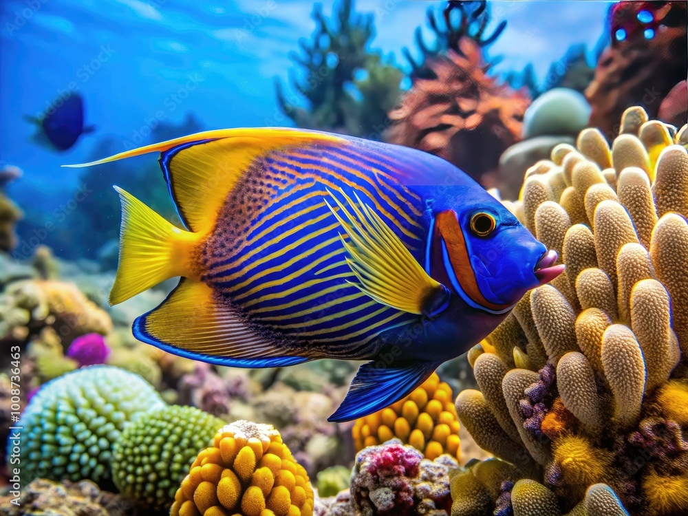 Fototapeta premium Vibrant Blue Angelfish Swimming Among Coral Reefs in Crystal Clear Ocean Waters of Tropical Paradise