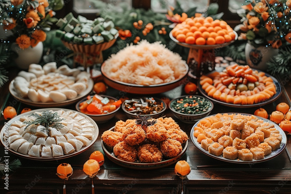A table with a variety of traditional Lunar New Year foods. A table with a variety of traditional Lunar New Year foods.