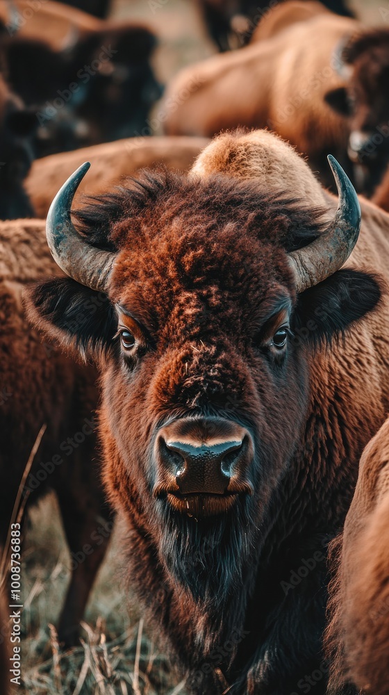 Close-up of a bison in a herd, showcasing its distinctive features and fur texture. Close-up of a bison in a herd, showcasing its distinctive features and fur texture.