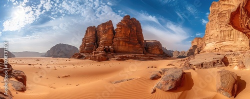 Majestic sandstone pillars rise from the arid desert floor, forming a breathtaking landscape under a bright, cloud-streaked sky.