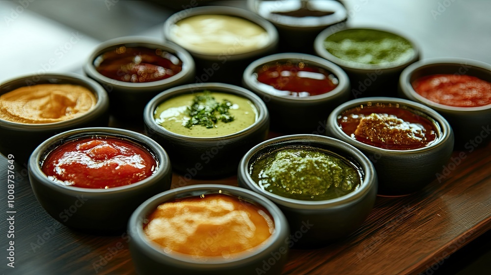 Close-up of a South Asian restaurant table with a variety of chutneys and condiments. No people, copy space available Close-up of a South Asian restaurant table with a variety of chutneys and condiments. No people, copy space available