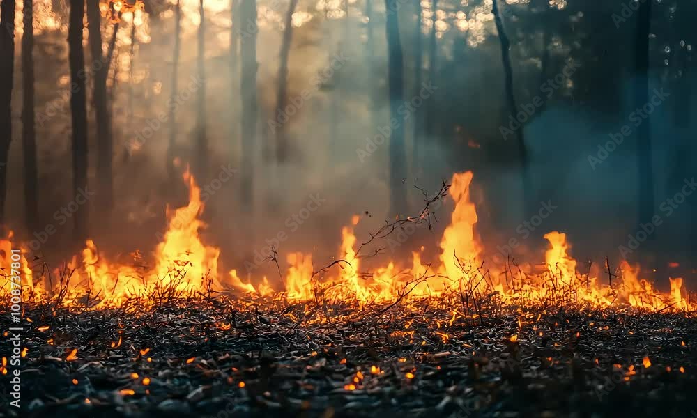 The fire is burning on the ground in forest, fire in the forest, The fire is burning on the ground in forest, fire in the forest,