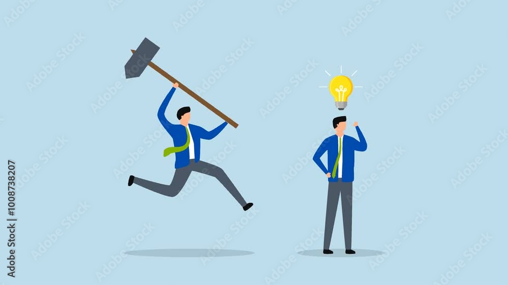 Jealousy colleague, 4k animation of businessman new idea for a lightbulb was destroyed when he was hit by a colleague from behind. Jealousy colleague, 4k animation of businessman new idea for a lightbulb was destroyed when he was hit by a colleague from behind.