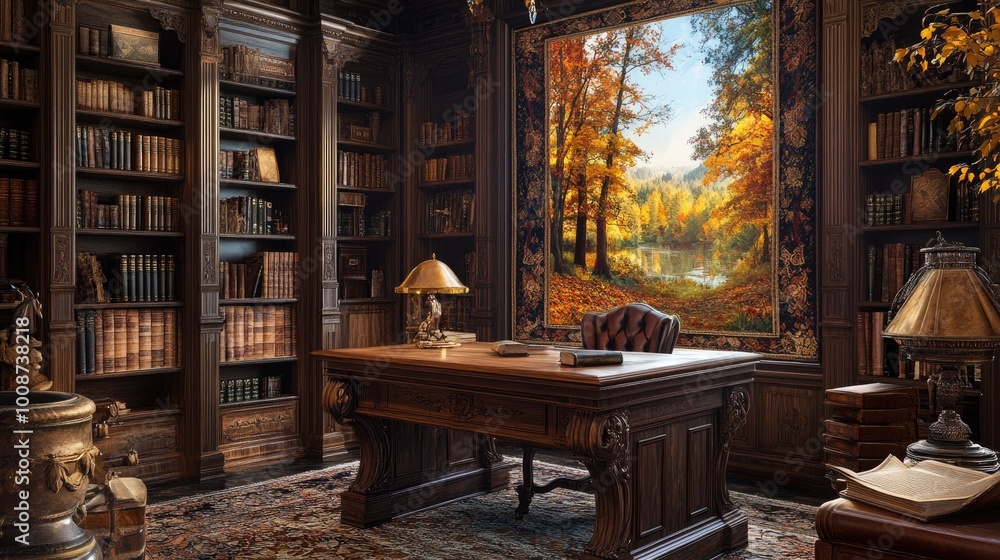 Fototapeta premium An extravagant rustic study with a heavy oak desk