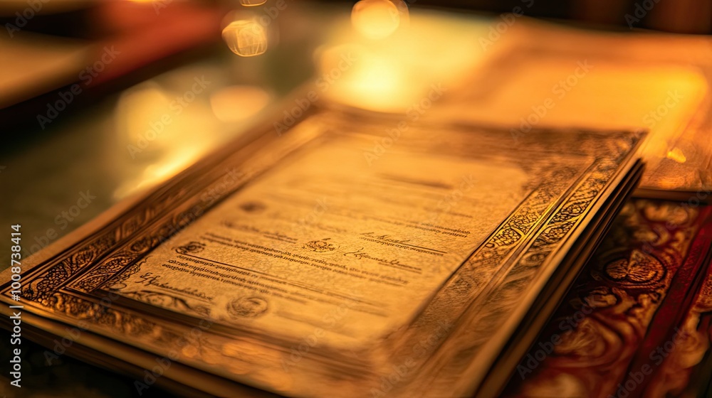 Close-up of an ornate South Asian restaurant menu with traditional font and artwork. No people, copy space available Close-up of an ornate South Asian restaurant menu with traditional font and artwork. No people, copy space available