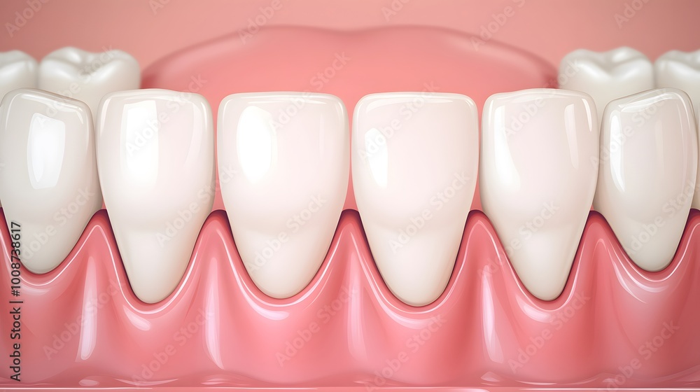Upper row of white teeth with healthy gums in medical illustration. Upper row of white teeth with healthy gums in medical illustration.