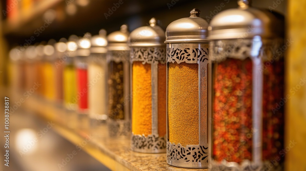 Close-up of decorative South Asian spice jars displayed on a restaurant shelf. No people, copy space available Close-up of decorative South Asian spice jars displayed on a restaurant shelf. No people, copy space available