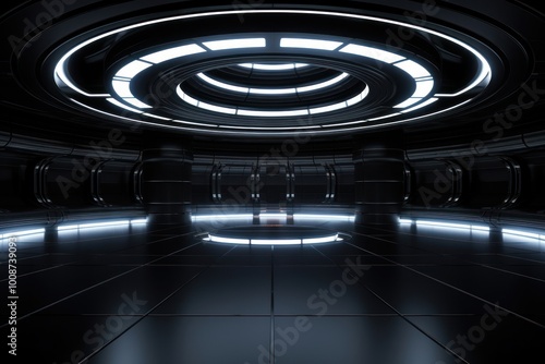 Black futuristic room light architecture illuminated.