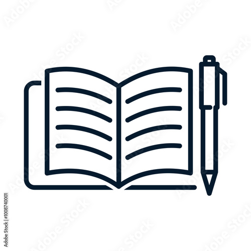 Notebook, pen. Concept of learning, notes, lesson. Vector linear icon isolated on white background.