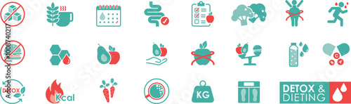 Detox and Dieting solid icon set, Healthy Lifestyle Weight Training, Body care and more