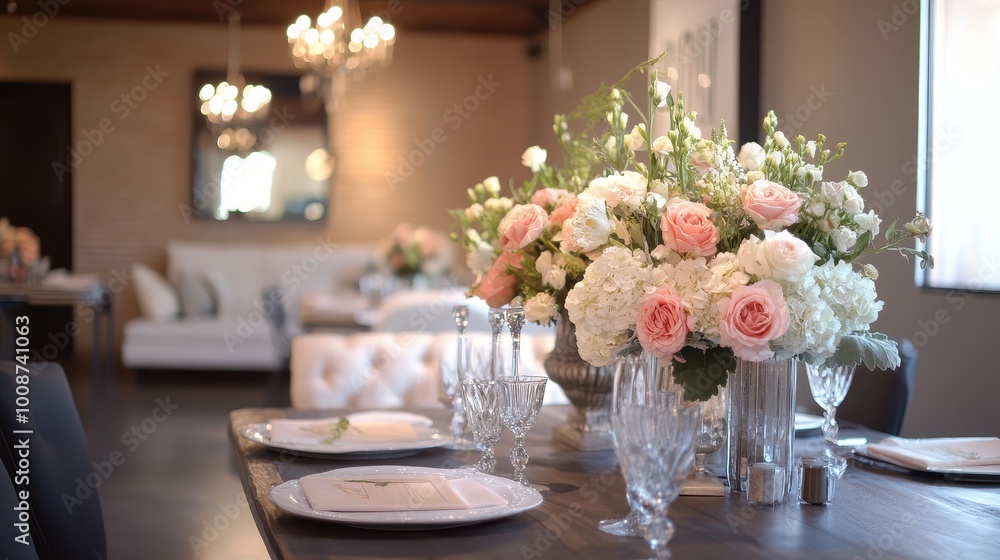 Elegant Floral Centerpiece on Formal Dining Table Elegant Floral Centerpiece on Formal Dining Table