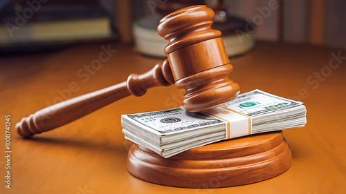Wooden gavel on dollar Symbolizing Justice Through Financial settlement