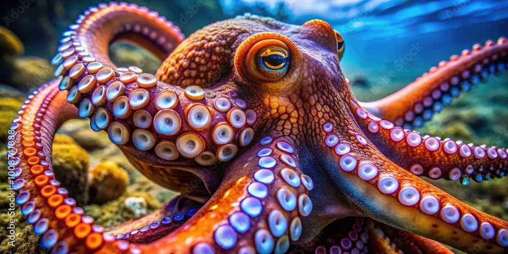 Obraz premium Vibrant Colored Octopus Displaying Its Unique Patterns and Textures Against a Dark Ocean Background