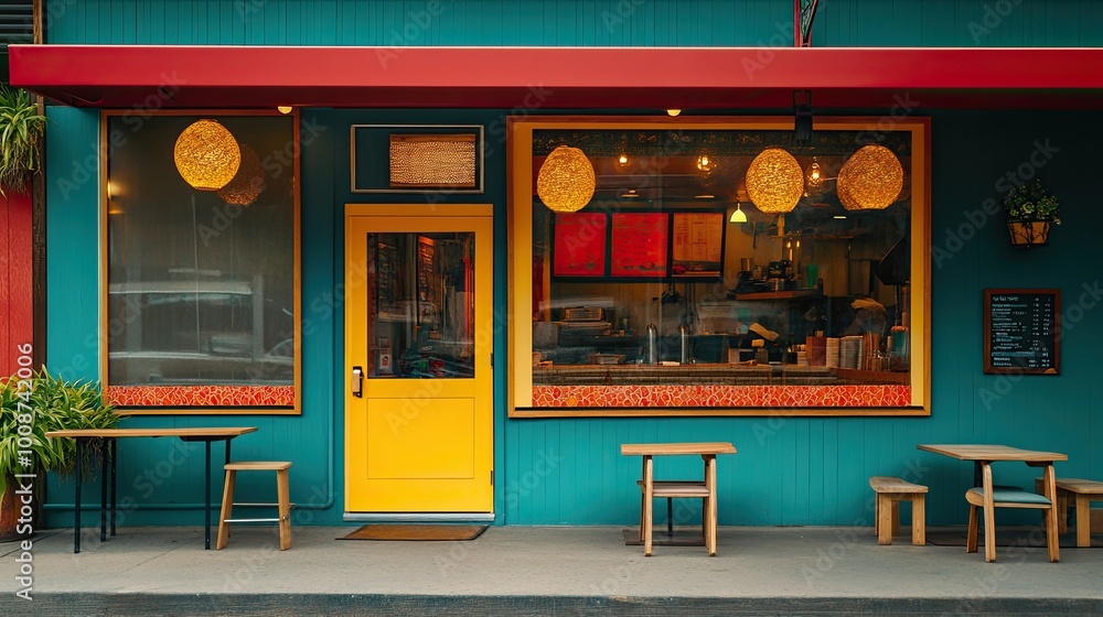Exterior view of a popular South Asian restaurant with colorful signage. No people, copy space for branding or text Exterior view of a popular South Asian restaurant with colorful signage. No people, copy space for branding or text