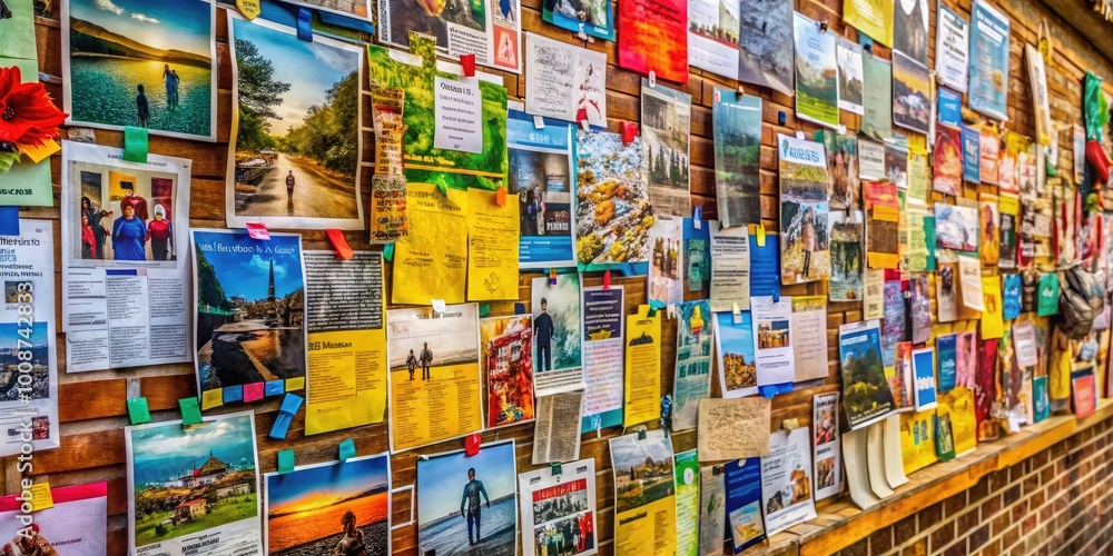 Vibrant Community Bulletin Board Filled with Colorful Flyers and Local Event Announcements Vibrant Community Bulletin Board Filled with Colorful Flyers and Local Event Announcements