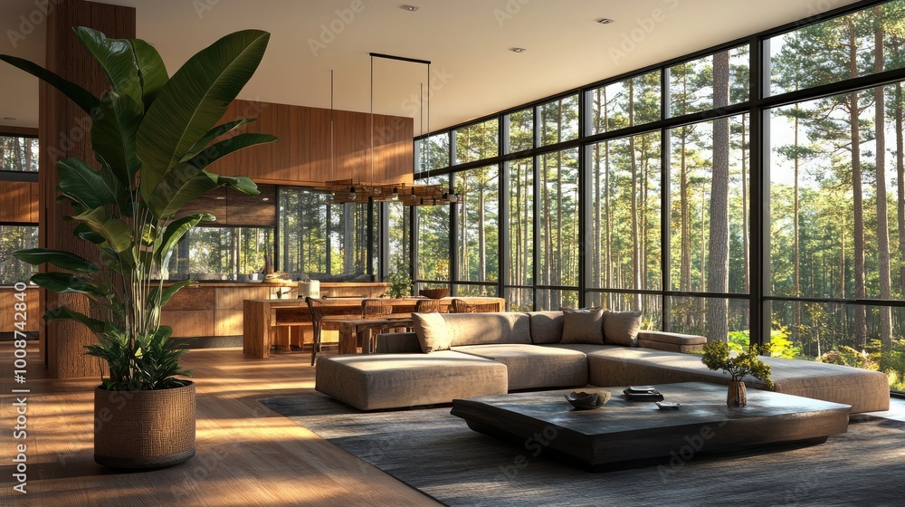 Fototapeta premium An open-concept living area with a mix of comfortable modern furniture