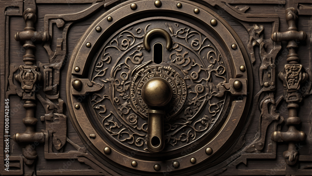 Naklejka premium vintage-style lock in bistre, ecru & coffee shades, featuring a central keyhole surrounded by intricate, round-shaped designer carvings. A royal, elegant piece with an old-world charm & craftsmanship.