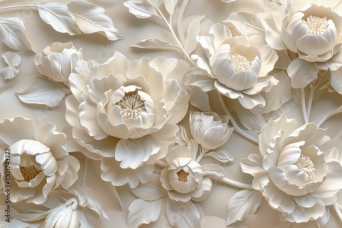 White floral relief artwork featuring lush peonies on a soft beige background A delicate and elegant design, emphasizing craft and texture