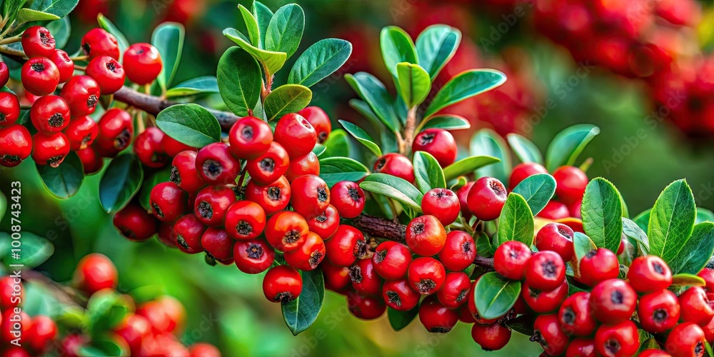 Fototapeta premium Vibrant Cotoneaster Plant with Bright Red Berries Surrounded by Green Leaves in Natural Setting