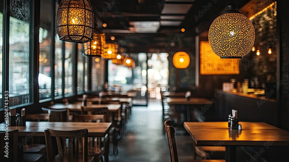 Interior of a stylish South Asian fusion restaurant with modern lighting and cultural elements. No people, copy space available Interior of a stylish South Asian fusion restaurant with modern lighting and cultural elements. No people, copy space available