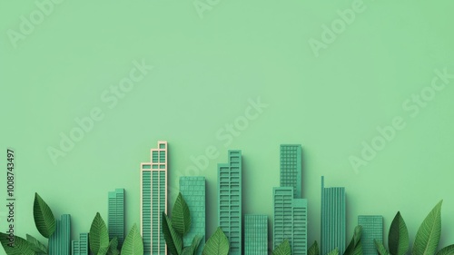A modern cityscape with green skyscrapers and lush leaves set against a soft green background, symbolizing urban nature integration.