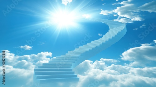 A beautiful stairway stretches upward into a bright blue sky, symbolizing the journey to heaven, with fluffy clouds surrounding the steps in a dreamlike scene. photo