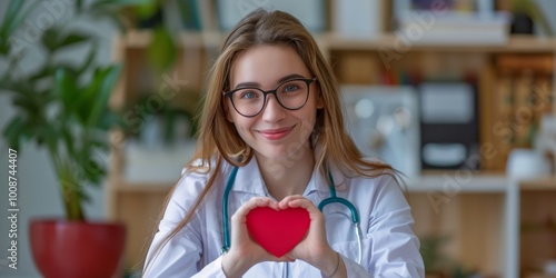 Smiling young female doctor holding a red heart-shaped model, representing  healthcare and cardiology in a medical office photo