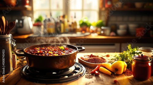 Delicious Stew Cooking on a Cozy Kitchen Counter photo