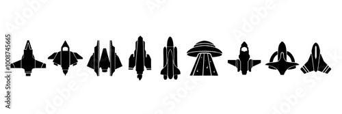 Rocket icon set, vector space ship silhouette collection sci-fi futuristic cosmic fighter plane logo. Alien fantasy travel spacecraft badge, galaxy shuttle journey sign collection. Rocket icon clipart