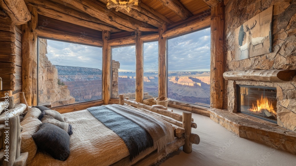 An opulent rustic bedroom featuring a log bed frame An opulent rustic bedroom featuring a log bed frame