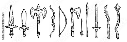 RPG weapon icon set, vector fantasy game sword collection, dungeon dragon battle attack object kit. Magic sorcerer staff, warrior dagger, medieval bow, arrow, character equipment. Vintage RPG weapon