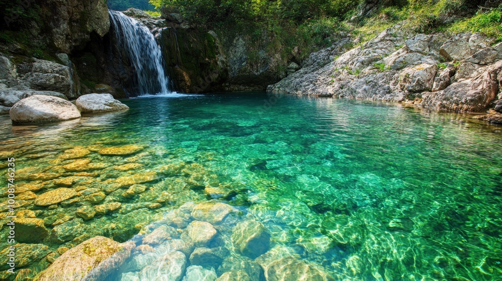 Nestled in nature, the mountain spring delights with its clear waters, vibrant rocks, and a gentle waterfall cascading into the serene pool, inviting moments of peace and reflection Nestled in nature, the mountain spring delights with its clear waters, vibrant rocks, and a gentle waterfall cascading into the serene pool, inviting moments of peace and reflection