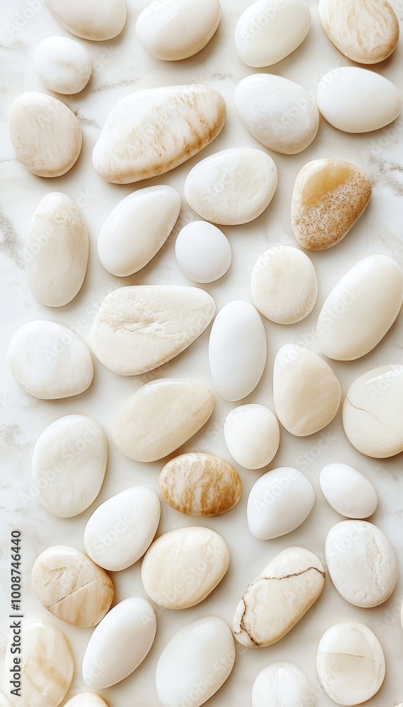 Soft, Round Beige and White Pebbles on White Background, Minimalist Top View Stone Texture Soft, Round Beige and White Pebbles on White Background, Minimalist Top View Stone Texture