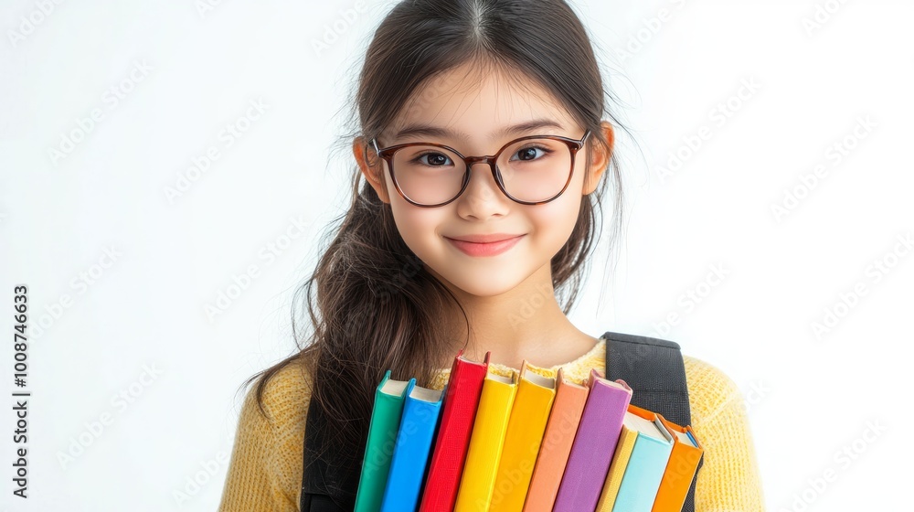 A young girl in glasses smiles while holding colorful books and a backpack. A young girl in glasses smiles while holding colorful books and a backpack.