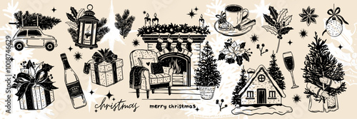 Christmas doodle set, celebration pine tree, winter holiday New Year sketch, cozy fireplace, branch. Decoration lantern, December festive armchair champagne engraving illustration. Christmas doodle