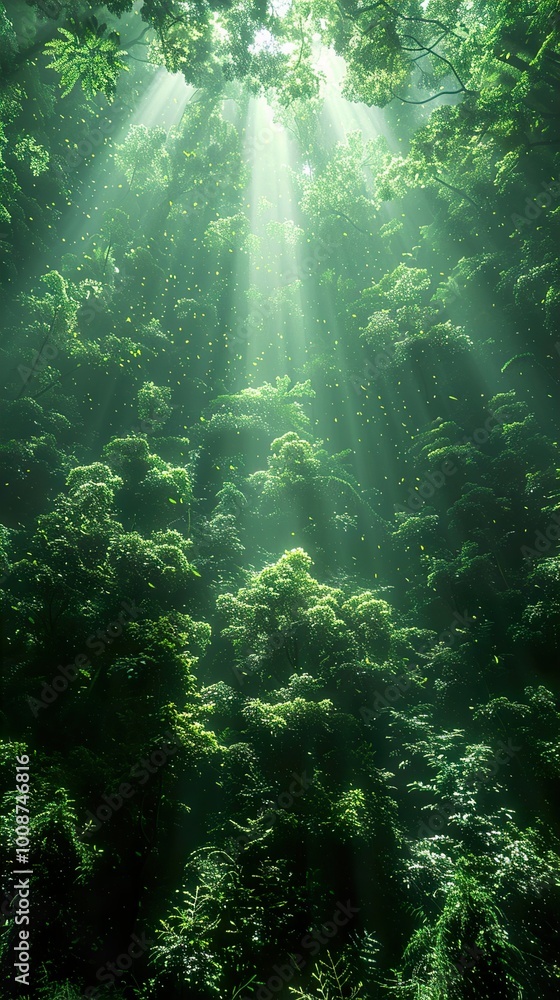 Sunbeams Through Lush Green Forest Canopy Sunbeams Through Lush Green Forest Canopy