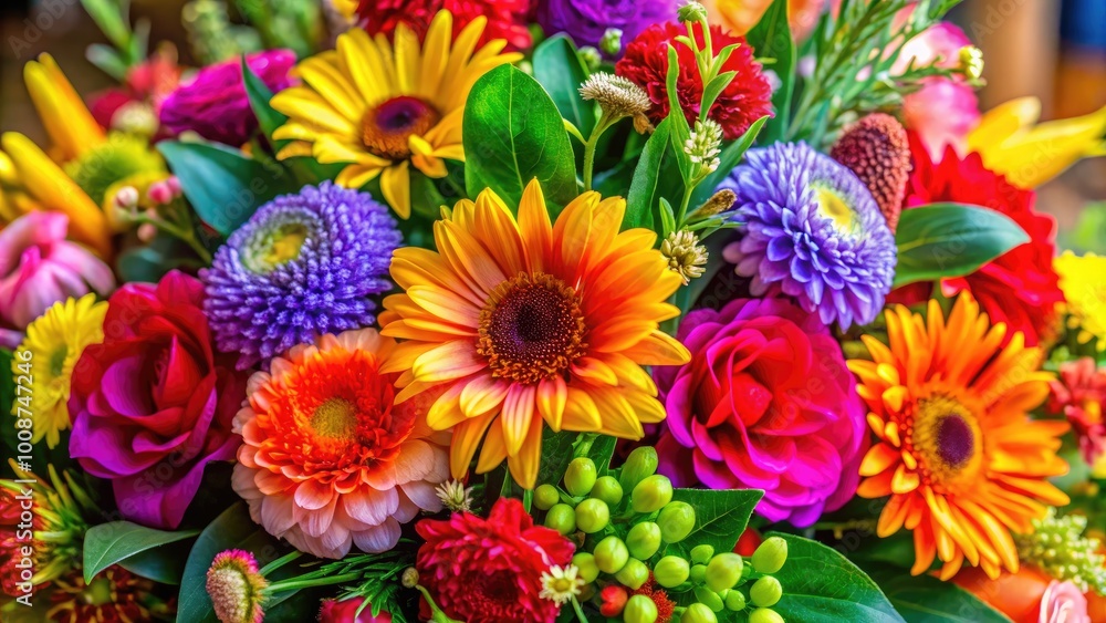 Vibrant Flower Bouquet with Colorful Blooms and Greenery for Celebratory Banner Design Vibrant Flower Bouquet with Colorful Blooms and Greenery for Celebratory Banner Design