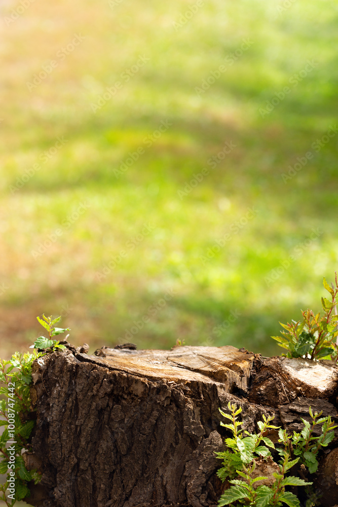 A large stump against the background of a green meadow. A large stump against the background of a green meadow.